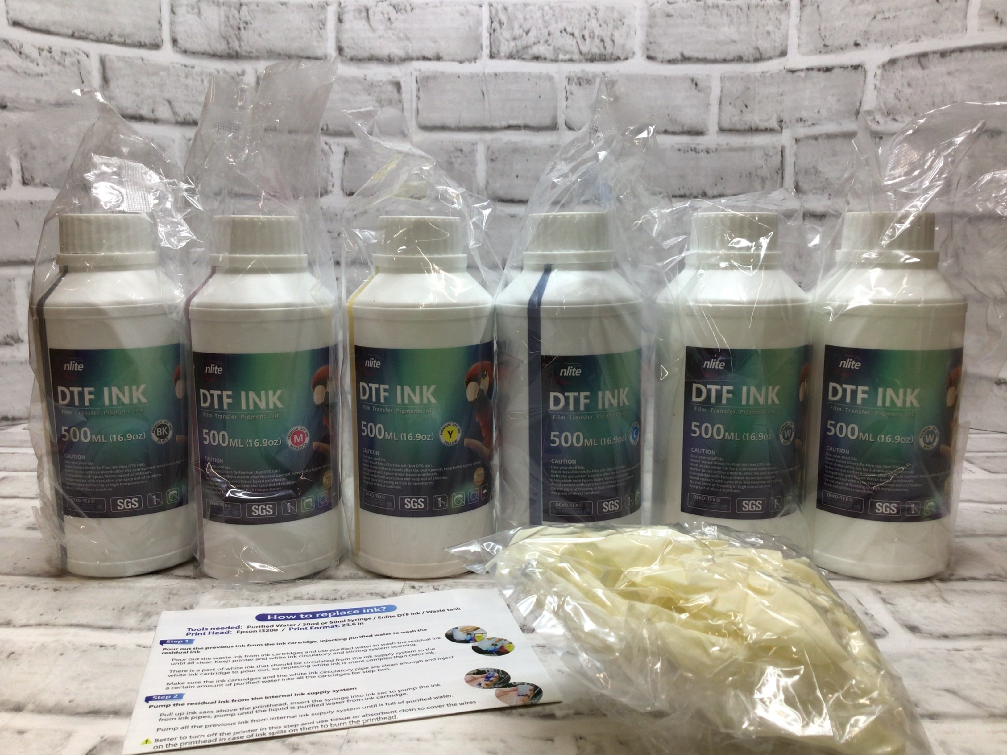 500ML Bottles 6 pack DTF Direct to Film Inks for Epson Printheads WH BK C M Y (8093189964014)